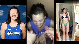 Horny slut Leah from Assumption U. takes double cumshot to the face at frat party